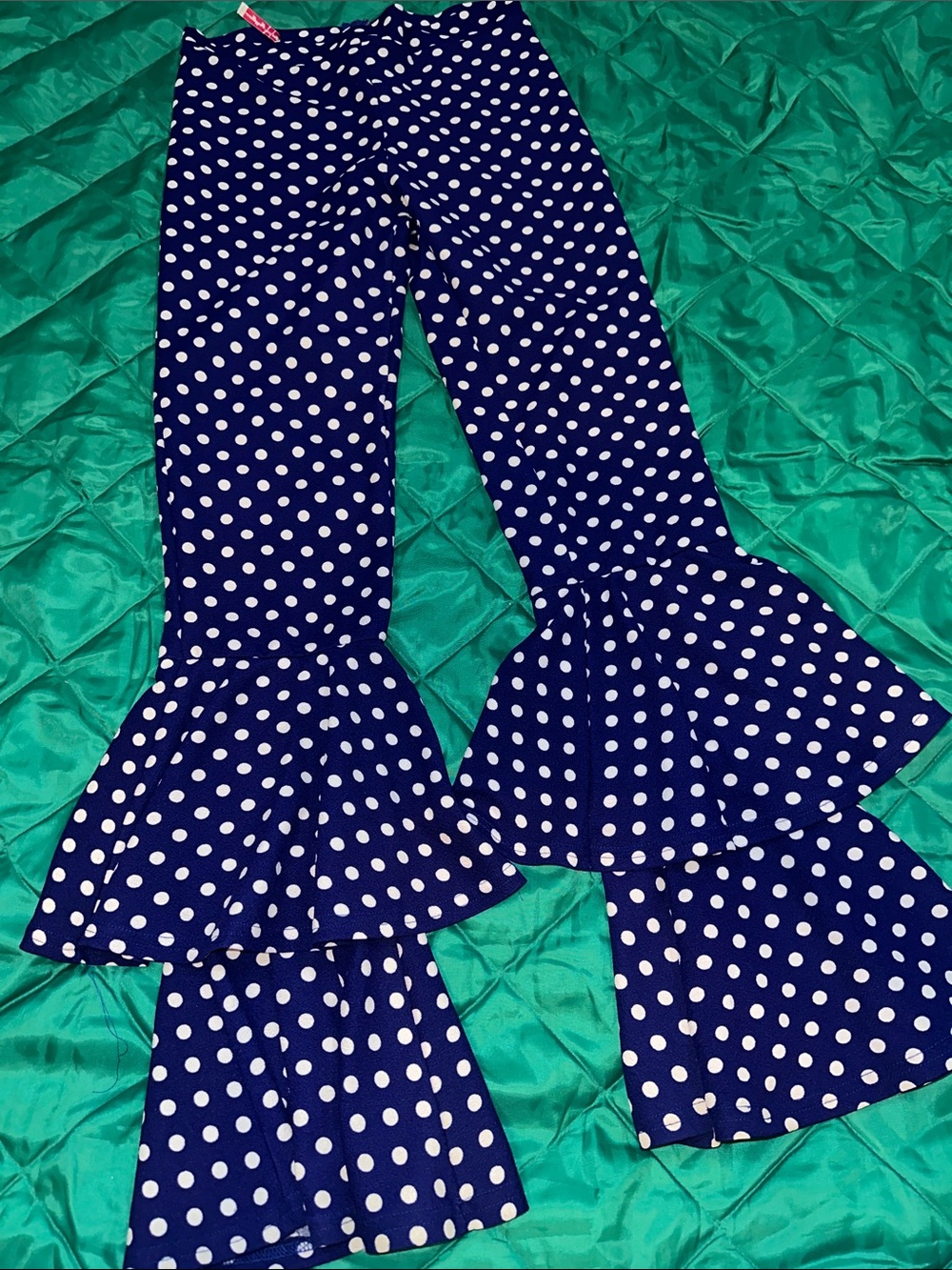 Navy Polka Dot Ruffle Hem Pants - Brand